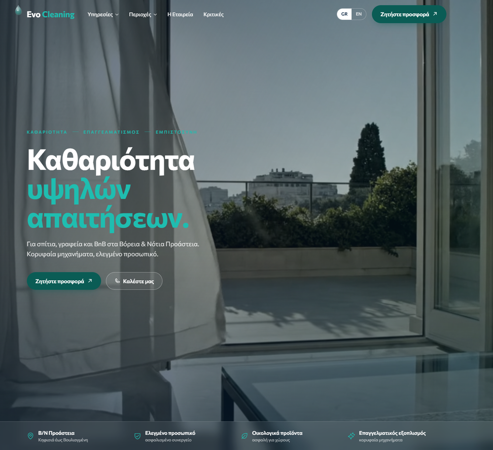 Evo Cleaning — δείγμα ιστοσελίδας
